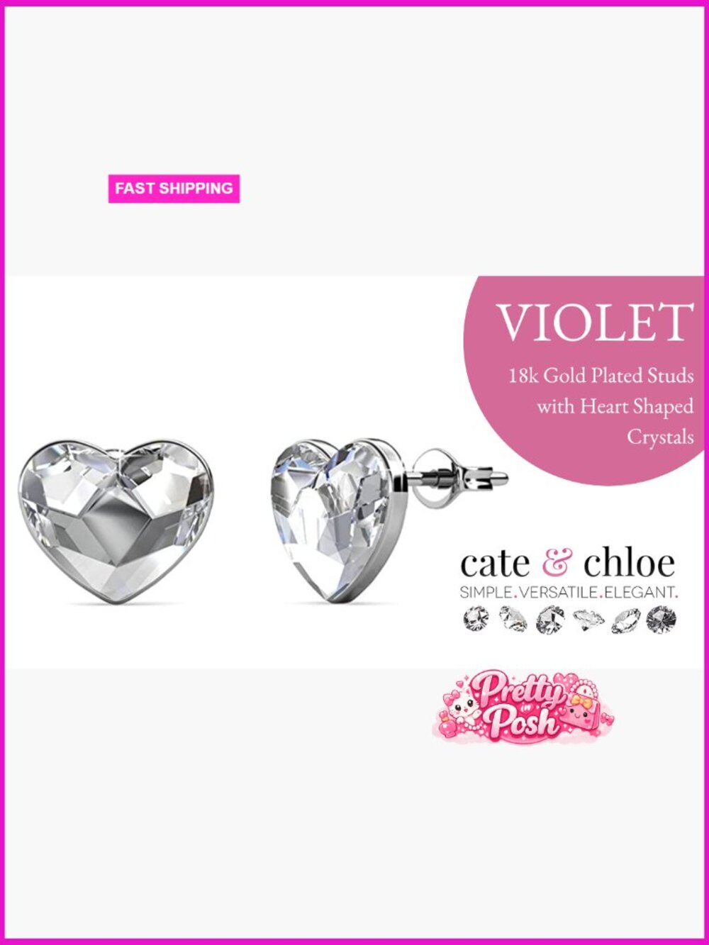 18k White Gold-Plated Heart Stud Earrings with Simulated Diamond Crystals - Picture 7 of 7